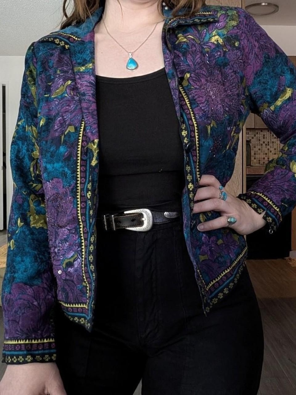 Vintage Teal & Purple Floral Print Jacket